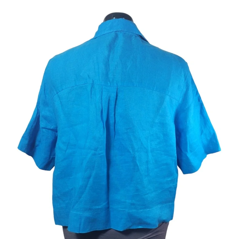 Marc New York Jeans Linen Top Women L Blue Short Sleeve Boxy Coastal Boho